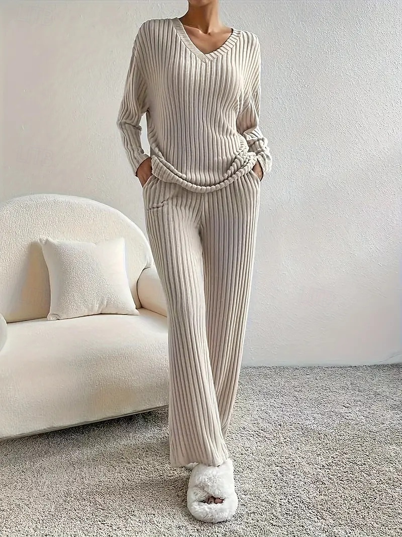 Femmes Élégant Chaud ancien Ensembles deux pièces manche longue Col en V Couleur Unie Extérieur Occasionnel Quotidien Noir Vert Claire Marron clair Printemps Coupe Ample de 2025 ? $21.99 –P1