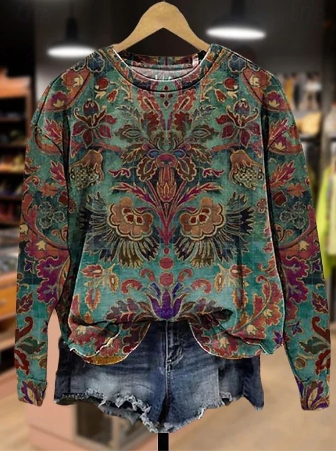 Dame Genser med genser Blomstret Grafisk Paisly Fritid Langermet Rund hals Vanlige topper Gate Hverdag Avslappet Lapper Mørkegrønn Vår Høst Vinter 2025 - $25.99 –P1
