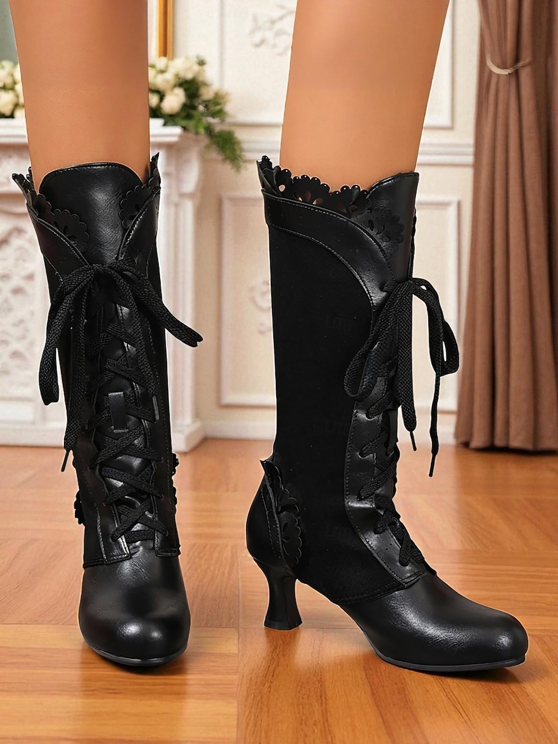 Women's Black Victorian Edwardian Style Knee High Lace-Up Boots with Scalloped Trim and Kitten Heel - 1920s Retro Gothic Dress Boots for Ladies, Perfect for Cosplay, Steampunk & Historical Reenactment 2025 - $59.99 –P6