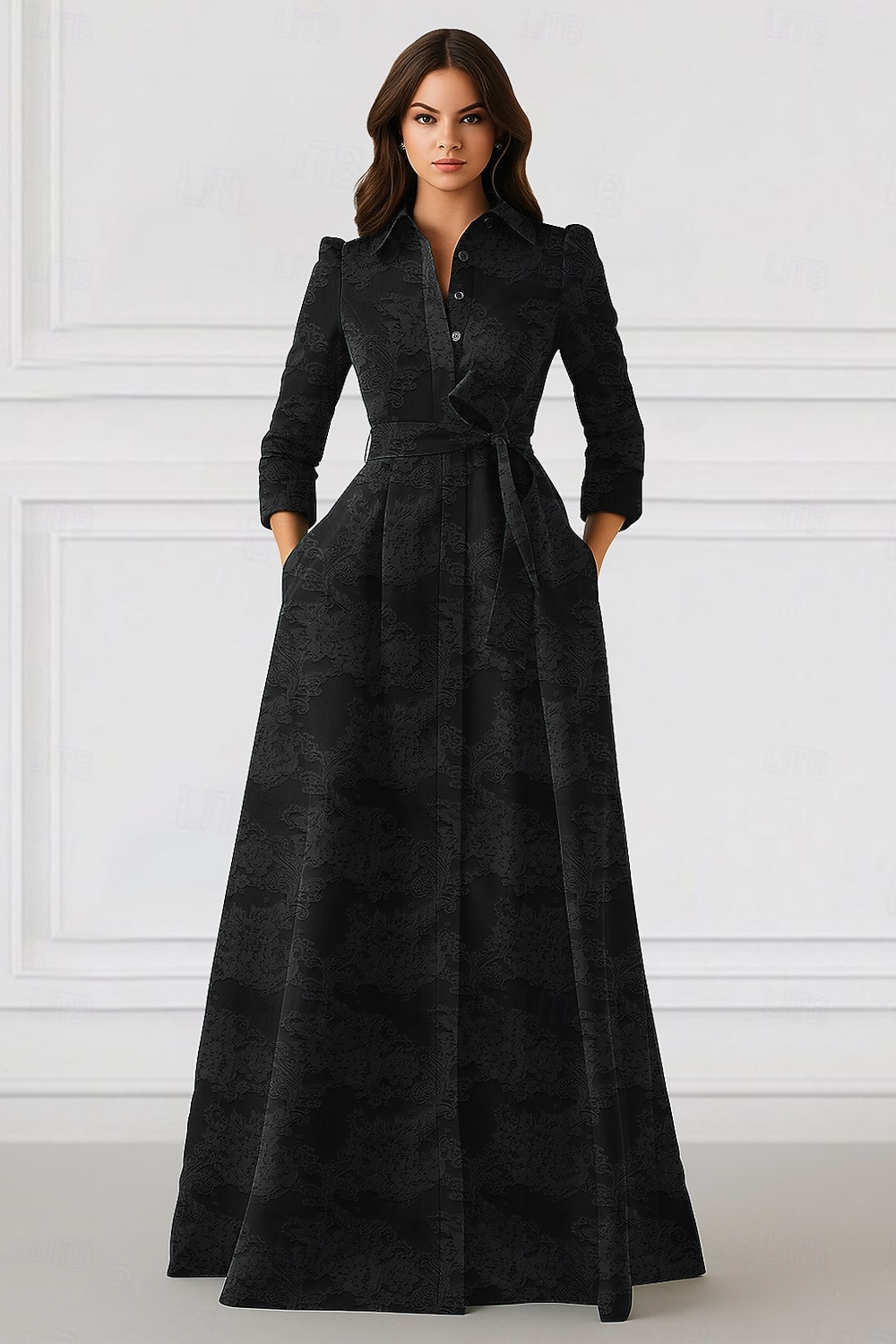 Robe A-Ligne Longueur Plancher Robe Chemise Robe Invité de Mariage Robes Formelles Robe Mère de la Mariée Manches Longues Col Chemise Élégante Vintage Formelle avec Nœud(s) de 2026 ? $195.99 –P4