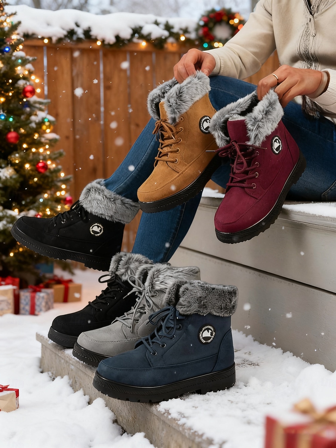 női bordó műszőrmével bélelt hótaposó – meleg téli csizma kültéri karácsonyi tevékenységekhez és hideg időben való viseletre 2025 - $34.99 –P1