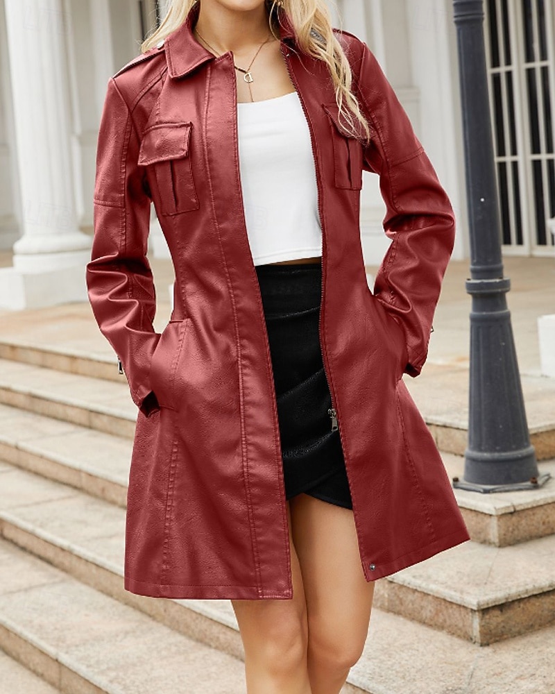 Dam Imitationsläderjacka Trenchcoat Bekväm Knappar Ledigt Slät Utomhus Semester Helgdag Utekväll Lång Nedvikt Normal Långärmad Ytterkläder Svart Vin Kamel Vår Höst 2025 - $71.99 –P13