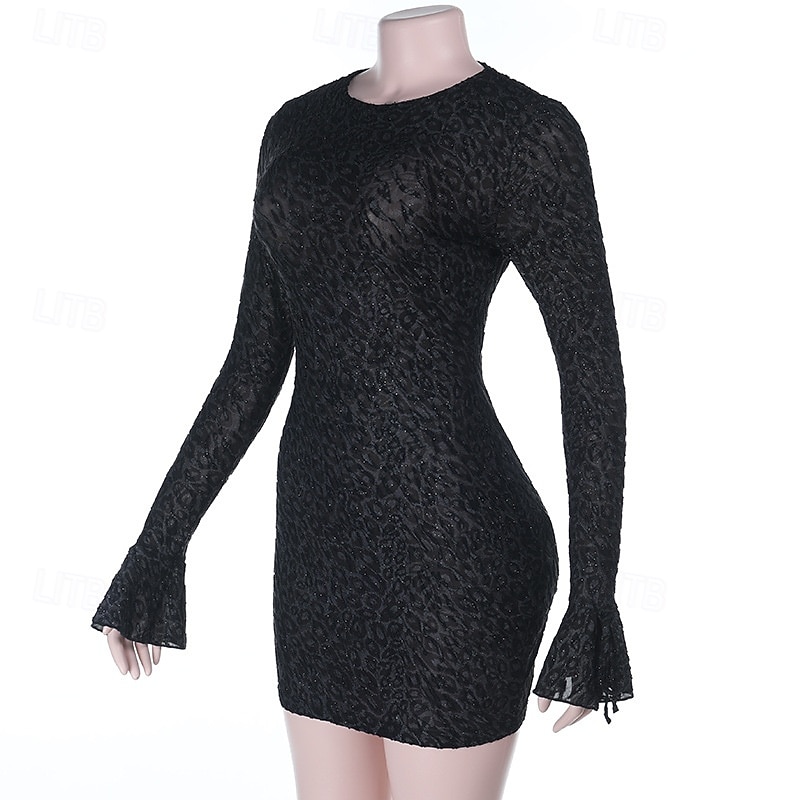 Damen Minikleid schwarzes kleid Spitzenkleid Elegant Mode Modern Täglich Ferien Ausgehen Normale Passform Leopard Langarm Rundhalsausschnitt Schwarz Herbst Winter 2025 - $36.99 –P4