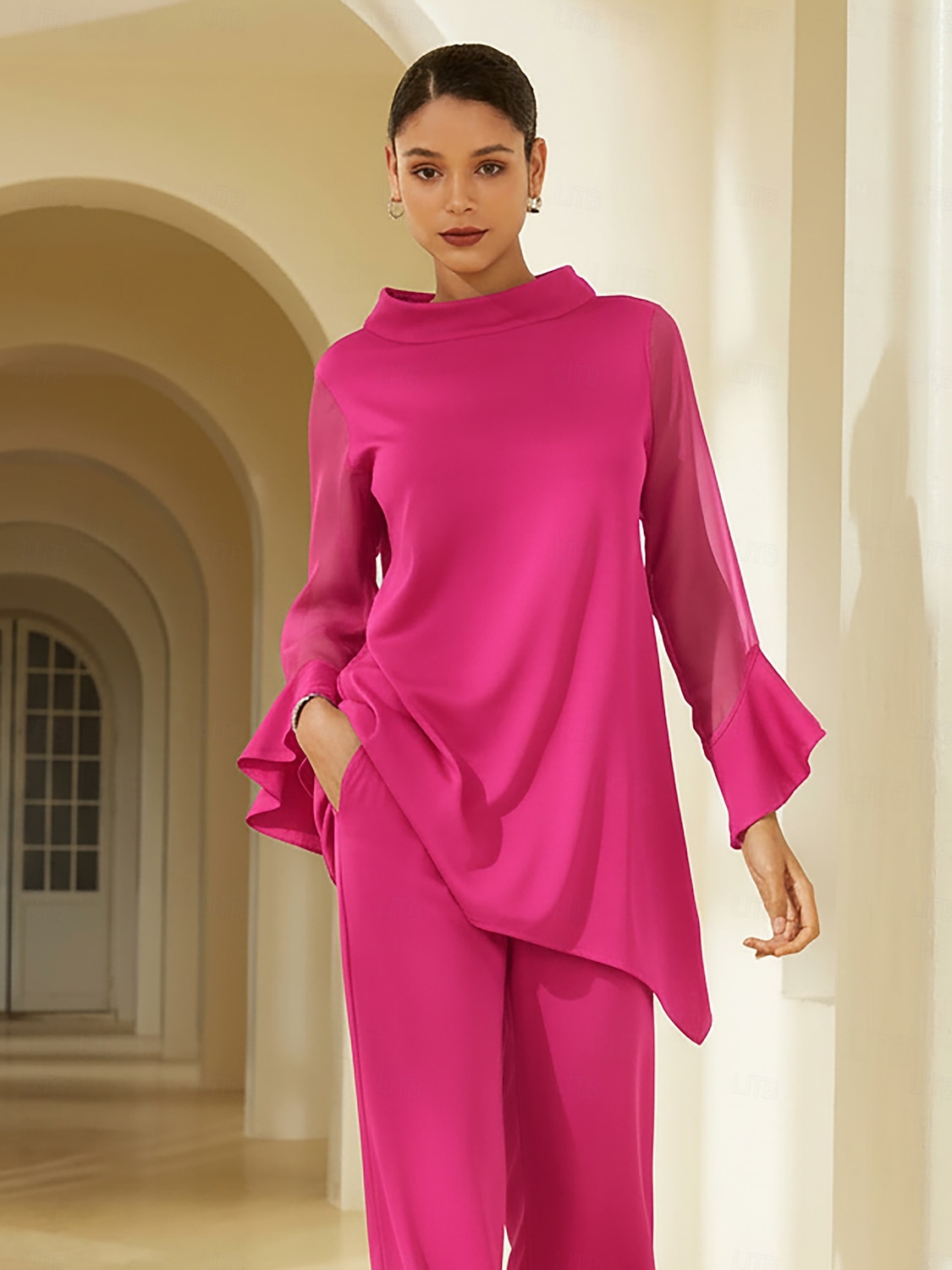 блузка для отдыха из шифона с эластичным трикотажем и прозрачными рукавами 2026 - $72.99 –P2