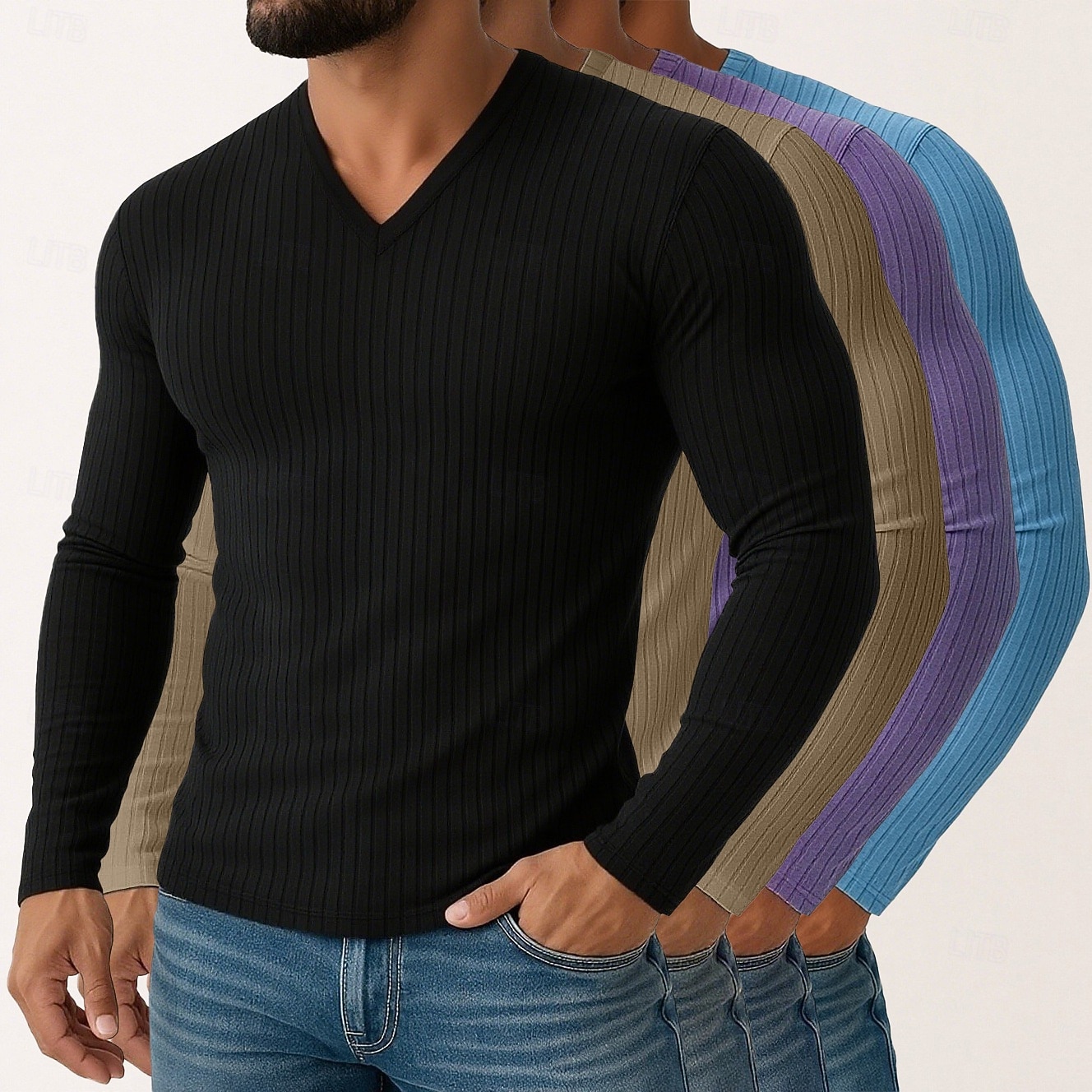 Miesten T-paita Ribbineulos T-paita Pitkähihainen paita Pitkähihainen V kaula-aukko Kevät Syksy Talvi Tavallinen Pit Strip Muoti Suunnittelija Perus 4-osainen Monipakkaus Loma Katu Kausaliteetti 8 2025 - $61.99 –P10