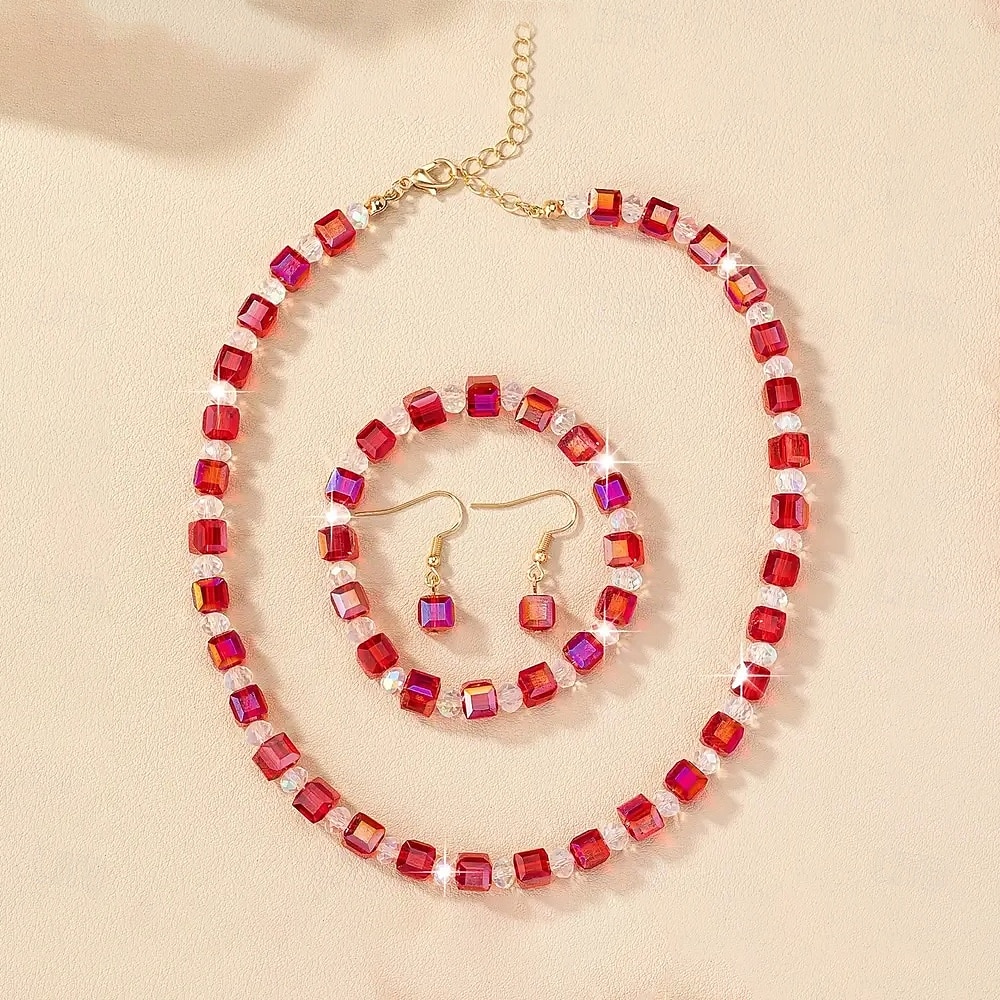 Conjunto de joyas con cuentas de cristal rojo para mujer para fiesta de Navidad, elegante collar y pulsera. &Juego de pendientes colgantes para celebraciones navideñas y eventos formales. 2026 - $14.99 –P3