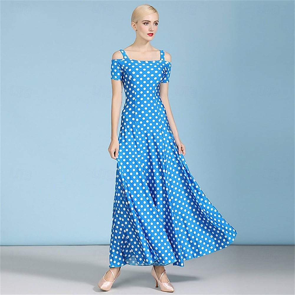 Γυναικείο φόρεμα χορού με πουά και έξω τους ώμους - φόρεμα σε γραμμή Α για διαγωνισμούς, λάτιν και χορευτικές εκδηλώσεις - ροζ &λευκό 2026 - $110.99 –P5