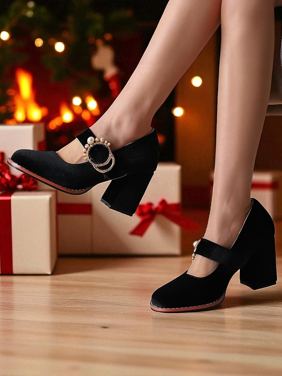 Gröna Mary Jane-klackar i sammet med grov blockklack och pärlspänne - vintage retro-skor från 1950-talet för damer, perfekta för julfester och bröllop. &kvällsevenemang 2026 - $54.99 –P6