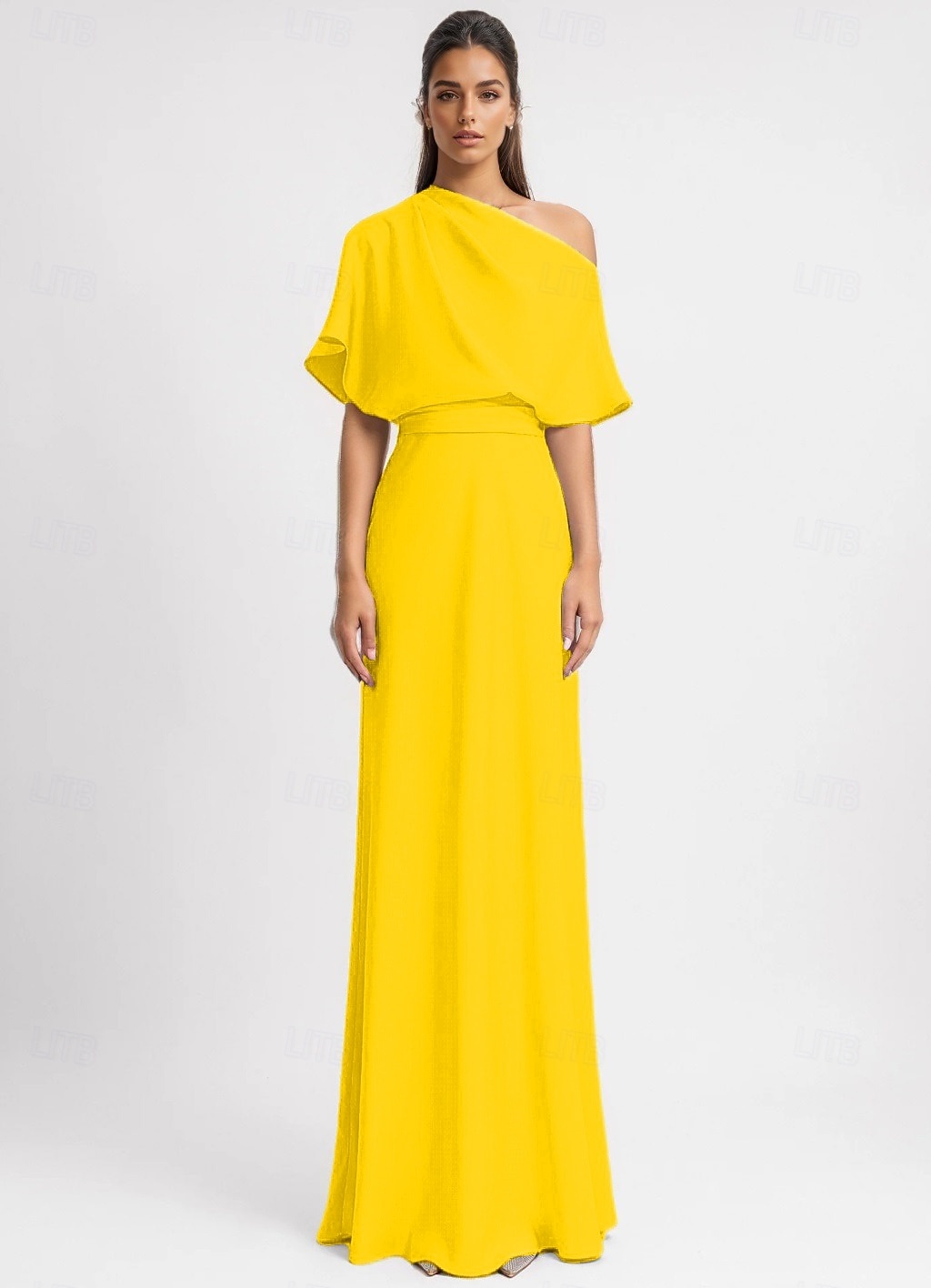 ruched one-shoulder stretch crepe dress BHLDN Hallie Maxi Gown Adrianna Papell One Shoulder Stretch