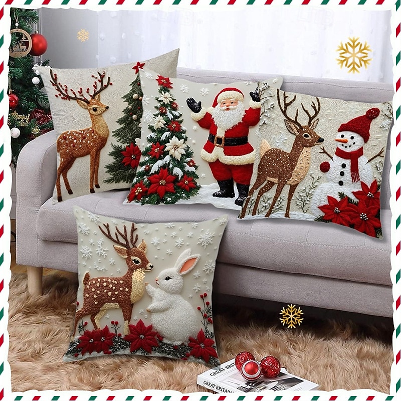 2025年 クリスマス用枕カバー、トナカイ柄リネンソファクッションケース &ウサギ、ホリデーボヘミアン装飾クッション、お祝いの室内装飾用  コレクション – $7.99 –P1