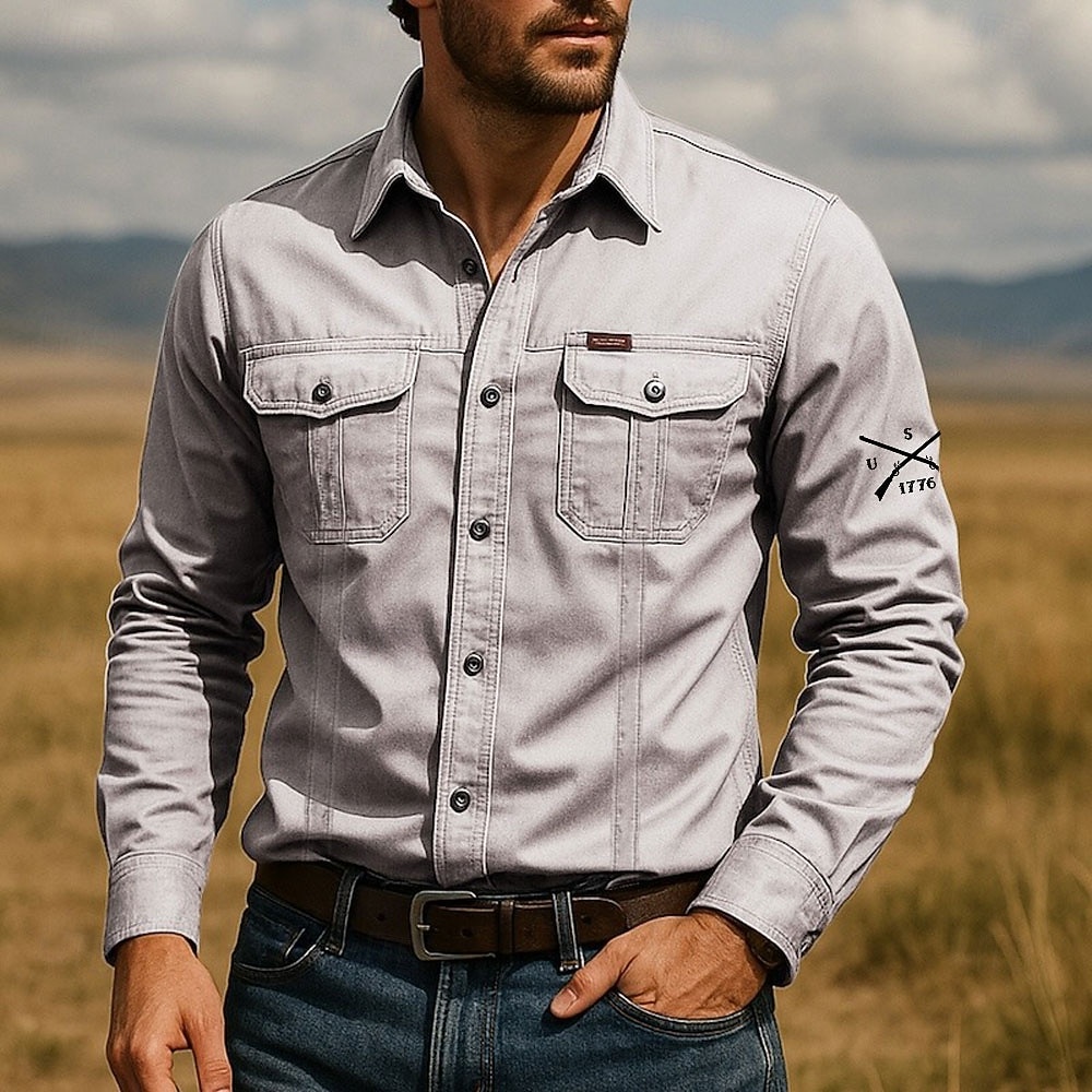 Herren Mit Buchstaben bedruckt Arrow 1776 Arbeitshemd Westernhemd Cargohemd Langarm Taktisch Vintage-Retro Sport im Freien Arbeitskleidung Frühling Herbst Umlegekragen Zwei Fronttaschen Hemden mit 2026 - $27.99 –P2