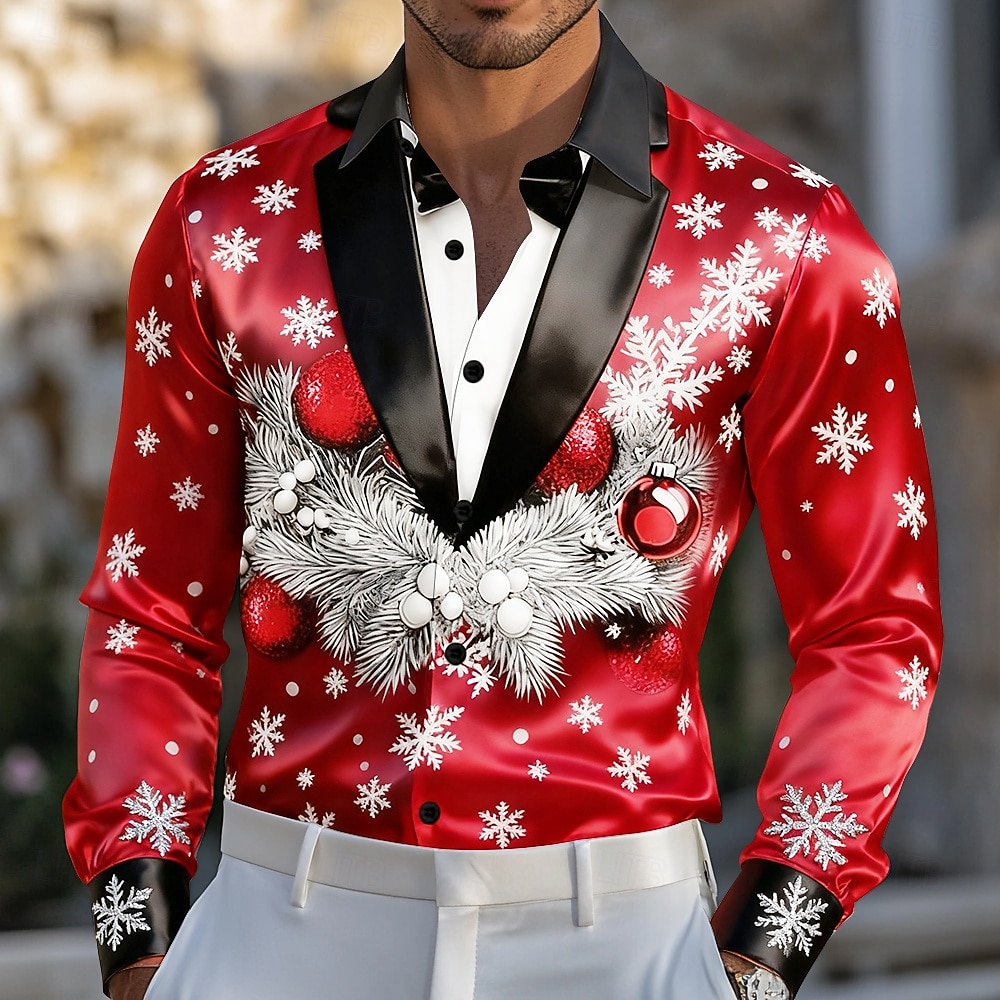 Christmas Men's Christmas Costume Suit Tie Printed Tuxedo Shirt Satin Shirt  Dress Shirt Long Sleeve Fashion