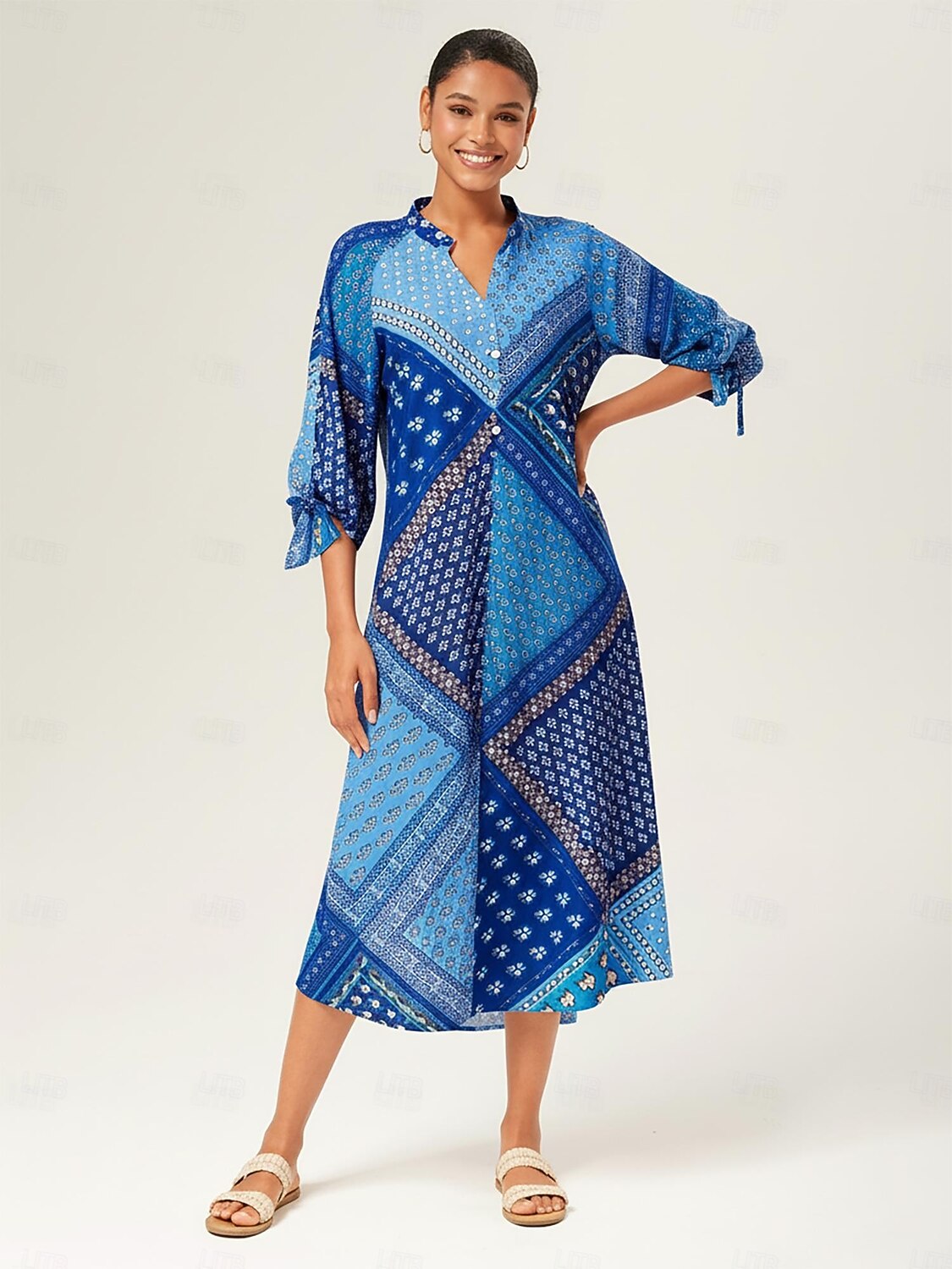 Damen Maxikleid geometrisch floral Patchwork Print Stehkragen 3/4 Ärmel Frühling Herbst 2026 - $91.99 –P1