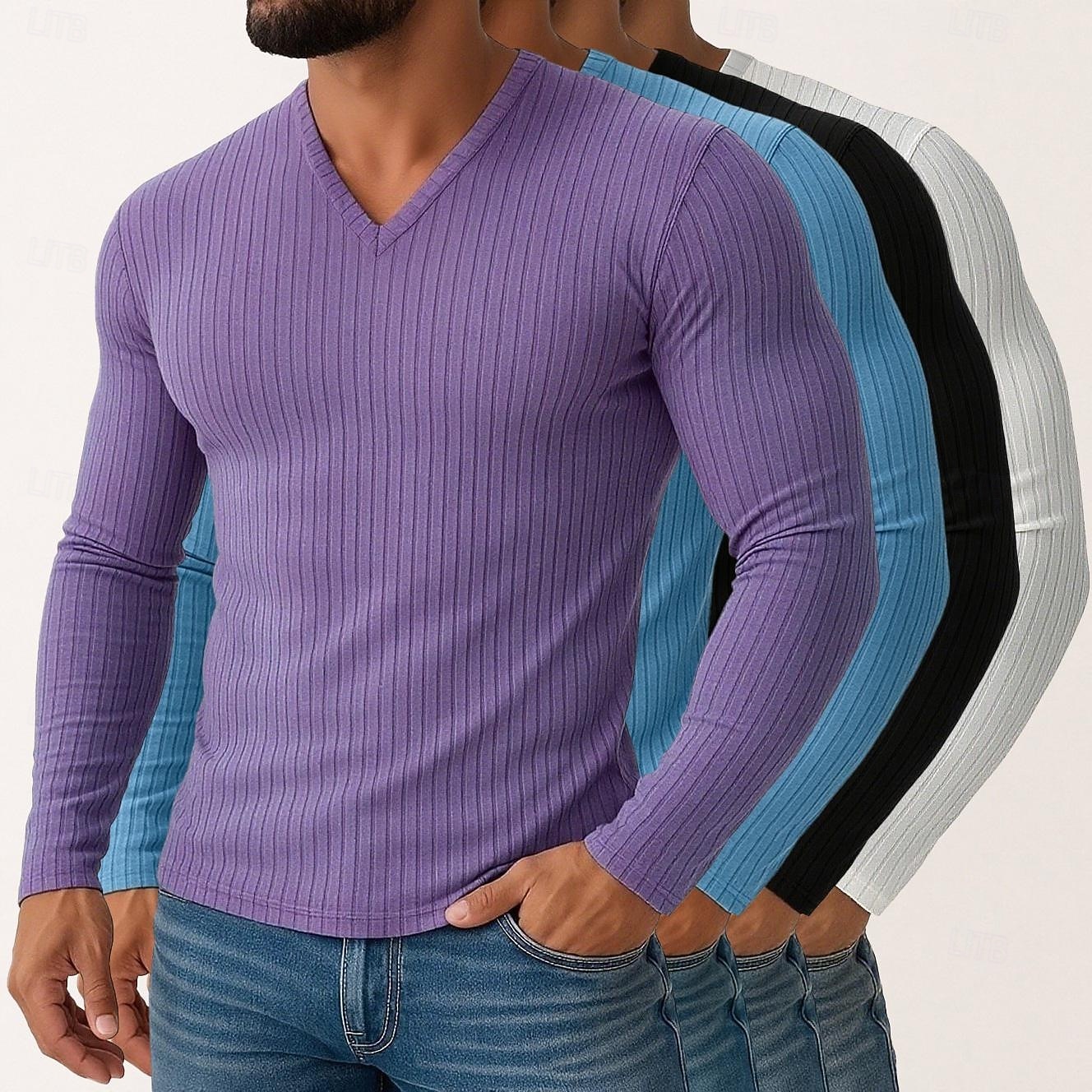 Miesten T-paita Ribbineulos T-paita Pitkähihainen paita Pitkähihainen V kaula-aukko Kevät Syksy Talvi Tavallinen Pit Strip Muoti Suunnittelija Perus 4-osainen Monipakkaus Loma Katu Kausaliteetti 8 2025 - $61.99 –P1
