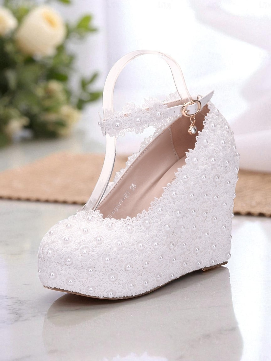 scarpe con zeppa da sposa per la sposa – scarpe con plateau in pizzo bianco e perle con cinturino alla caviglia, comode scarpe da sposa per cerimonia e ricevimento del 2026 a $64.99 –P3