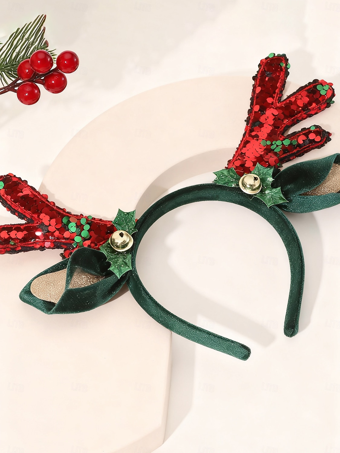 Fascia per capelli da donna con corna di renna natalizia, corna di  paillettes rosse con campanellini, image size:1125x1500