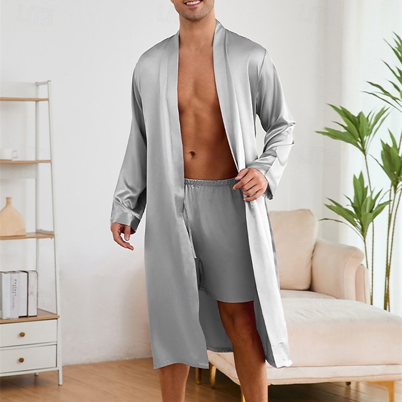 Herren Schlafanzug Seidenrobe Nachtwäsche Schlafanzug Set Einfach Mode Stilvoll Klassisch Heim Täglich Bett Polyester Komfort Weich V Ausschnitt Langarm Frühling Herbst Champagner Wein 2026 - $51.99 –P2