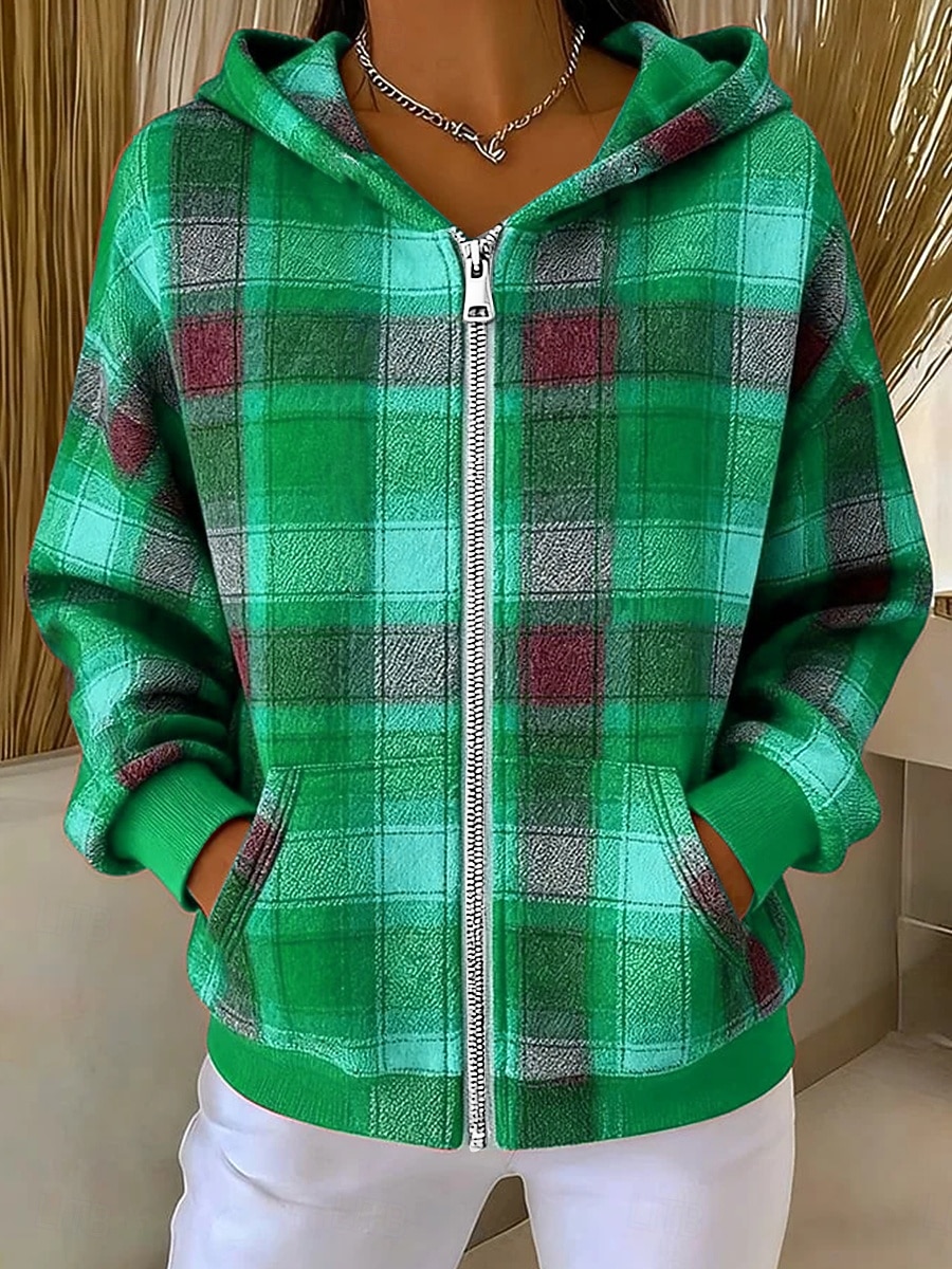 Per donna Felpe con cappuccio Patchwork Cerniera Tasca Grafico Plaid Moda Casual Manica Lunga Con Cappuccio Top Regolari Streetwear Abbigliamento Quotidiano Blu Giallo Viola Marrone Verde Autunno del 2026 a $36.99 –P4