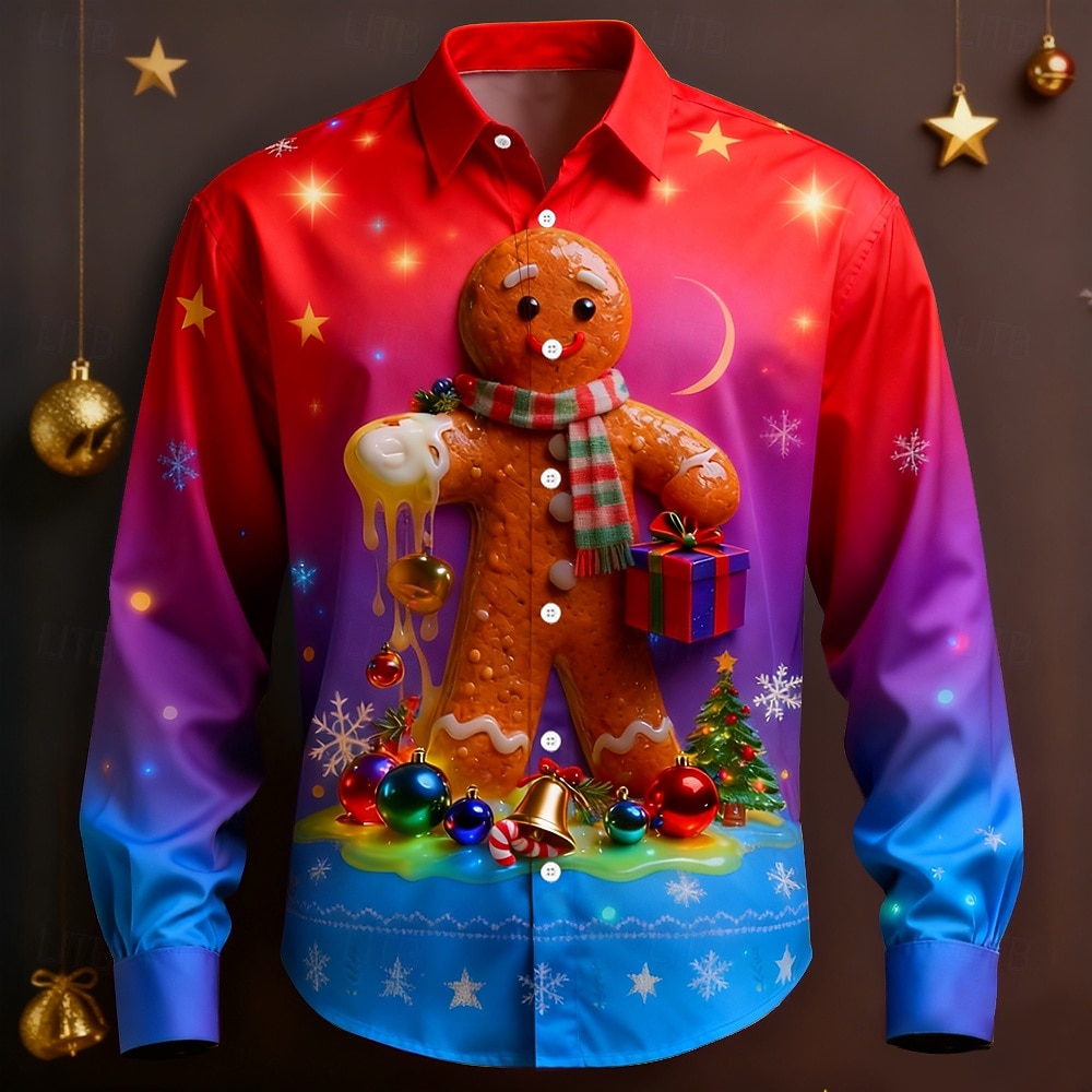 Kerstmis Voor heren Overgangskleur grappige kerst peperkoek man Overhemd Overhemd met knopen Lange mouw Grappig Buiten Feestdagen Lente Herfst Strijkijzer 3D-afdrukken shirts met kraag Rood Paars 2025 - $26.99 –P2