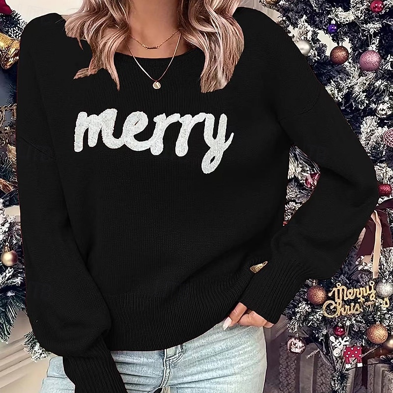 Noël Femmes Hauts décontractés Un sweatshirt pullover manche longue Top Athleisure Lettre Coton Doux Chaud Soirée Vacances Tenue de sport Tenues de Sport Noir Rouge Vert foncé de 2025 ? $30.99 –P7