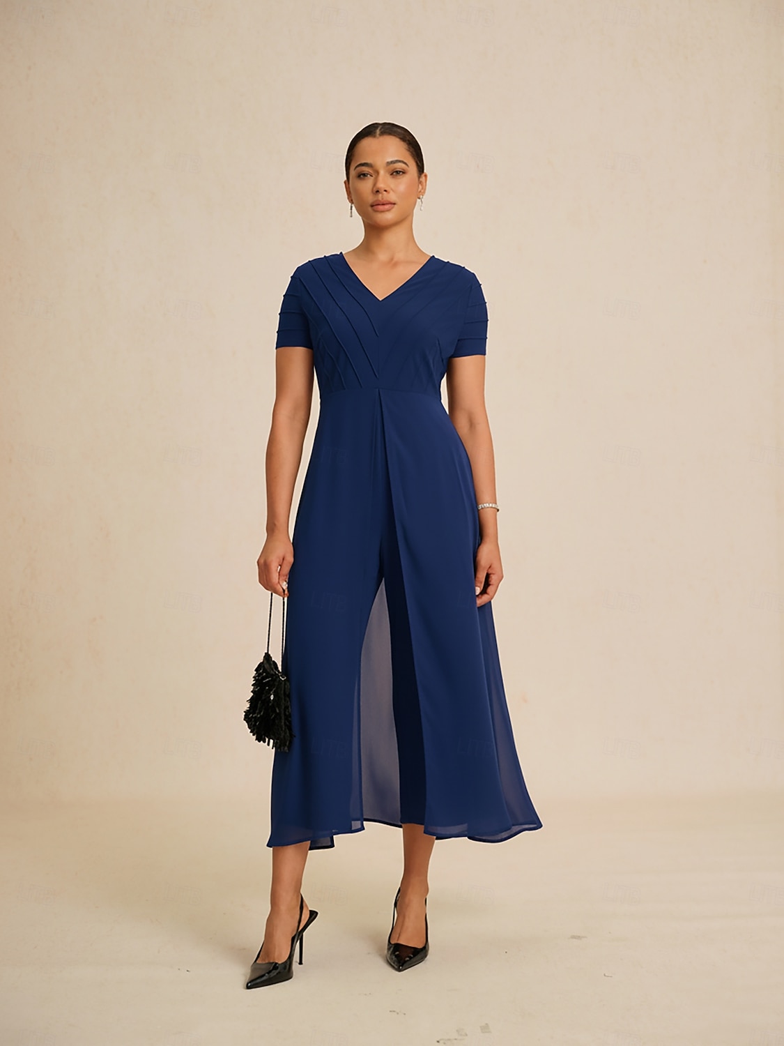Damen-Jumpsuit, blau, V-Ausschnitt, getäfeltes Design, zweiteilig, fließend, transparenter Look, Stretchstoff, lässig, Frühling, Sommer, Herbst 2025 - $114.99 –P2
