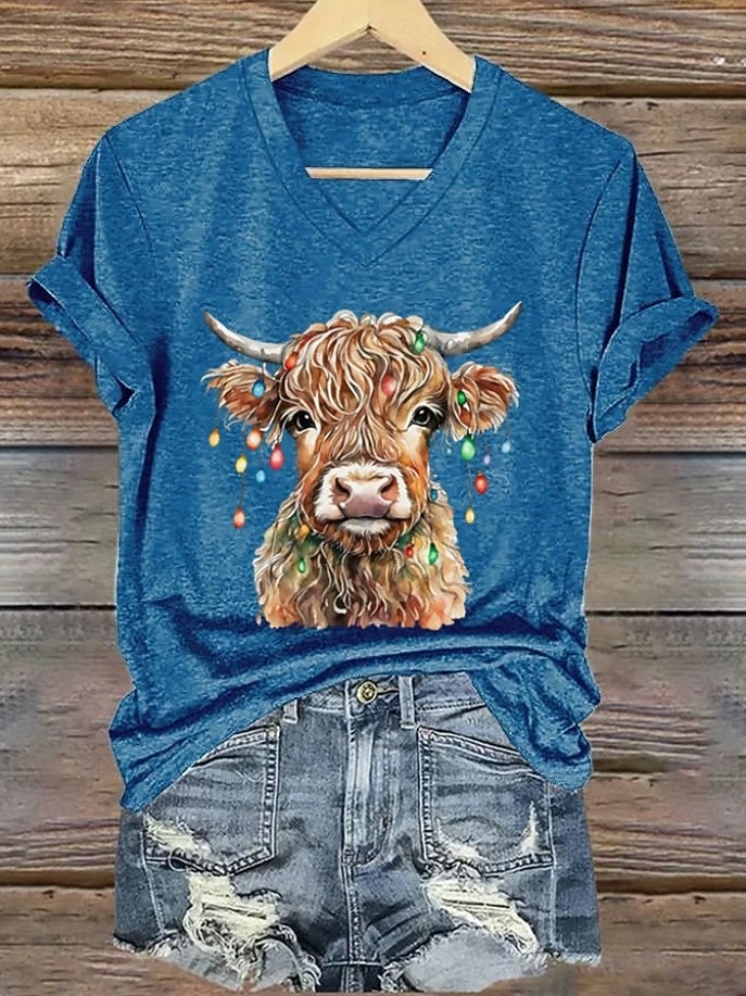 2026年 女性用Tシャツ グラフィック 動物 牛 ヴィンテージ スタイリッシュ クラシック 半袖 Vネック レギュラー トップス 日常用 プリント ブルー ブラック ホワイト ピンク レッド 夏 春 秋 冬  コレクション – $21.99 –P5