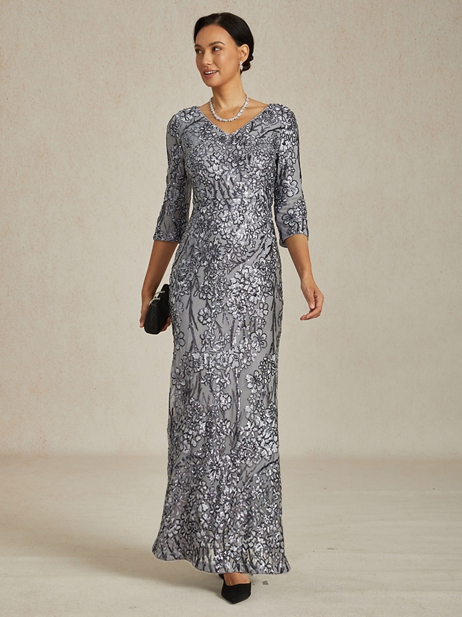 2026年 女性用 マキシドレス シースドレス エレガント フォーマル セミフォーマルドレス パーティー スパンコール レース 刺繍 レギュラー 純色 七分袖 Ｖネック グレー  コレクション – $239.79 –P1