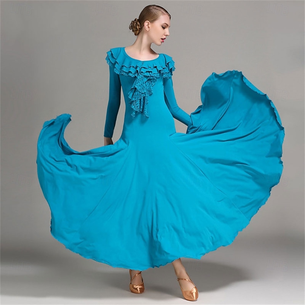 Elegant Blue Ballroom Dance Dress with Ruffled Neckline and Long Sleeves for Latin and Social Dancing 2026 - $116.99 –P1