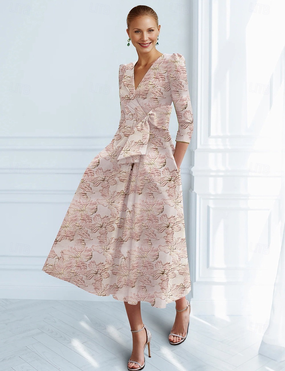 A-Linie Knöchellänge Cocktailkleider Partykleider Elegant Vintage Kurzarm V Ausschnitt Hochzeit Formell Jacquard mit Schleife(n) Tasche 2026 - $175.99 –P13