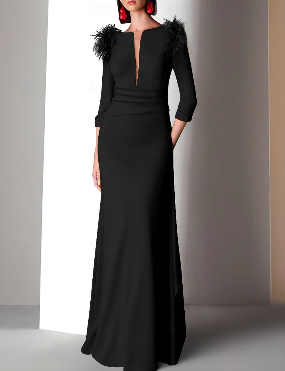 Sirena Tromba Lunghezza al pavimento Abiti da Ballo Abito da Sera Da principessa Abito formale Elegante Manica 3/4 Scollo a V Formale Autunno Raso con Piuma Arricciato Volant del 2026 a $206.99 –P9