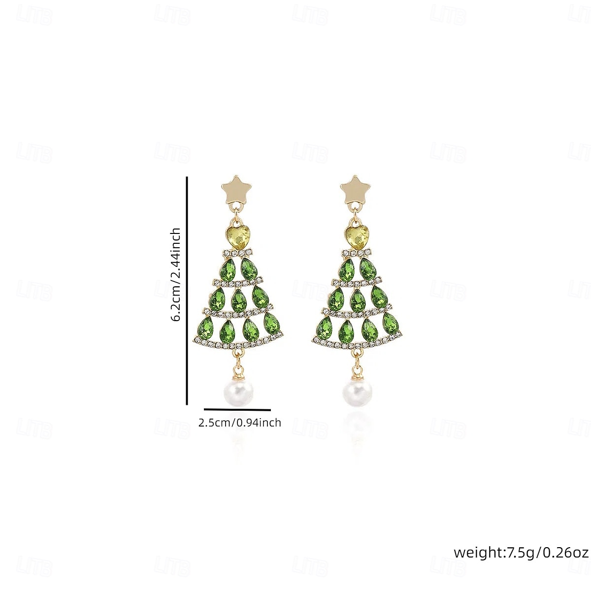 Boucles d'oreilles sapin de Noël – Boucles d'oreilles de Noël en cristal vert scintillant avec détails étoile et perle pour femmes de 2025 ? $11.99 –P3