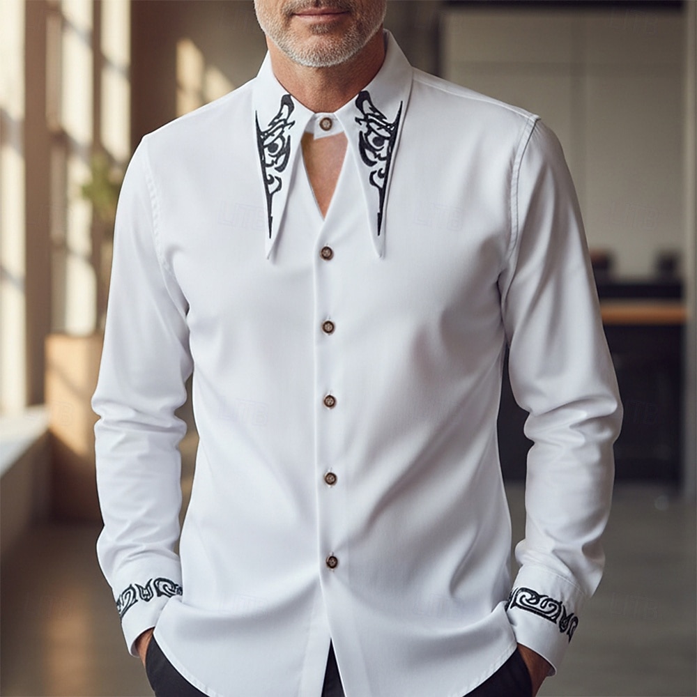 Herren Hemd Satinhemd Kleidhemd Besticktes Hemd Schwarz Weiß Langarm Geometrisch Einfach Gerader Kragen Urlaub Geschäft Stickerei Bekleidung Mode Lässig Smart Casual 2025 - $27.99 –P1
