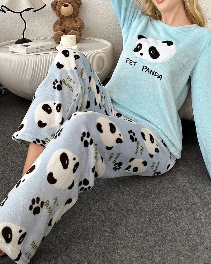 Women's Pajamas Loungewear Pajama Set Flannel Warm Fashion Panda Elastic Waist Pant Home Daily Long Sleeve Crew Neck White Pink Light Blue Fall Winter Loose Fit 2025 - $14.99 –P4