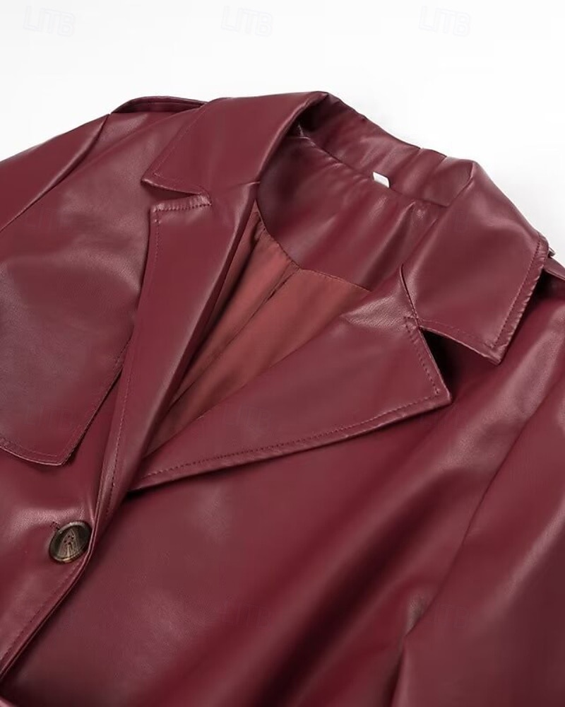 Dam Imitationsläderjacka Trenchcoat Håller värmen Bekväm Ficka Knappar Mode Slät Formell Utomhus Semester Ledigt Lång Nedvikt Normal Långärmad Ytterkläder Svart Mörkröd Höst Vinter 2025 - $67.99 –P8