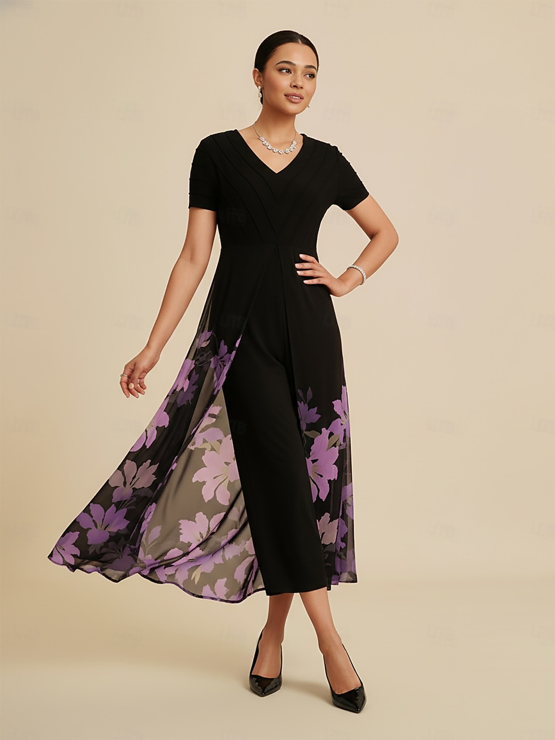 Женский комбинезон из черного тенселя, шифона, вставки из искусственного струящегося материала, с цветочным принтом и V-образным вырезом, для вечеринки, отпуска, весны и лета 2025 - $114.99 –P1