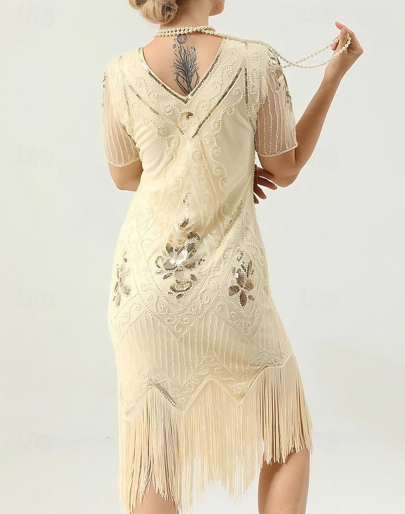 Set Anni Ruggenti Anni 1920 Lunghezza al ginocchio Abito Flapper Abito da cocktail Costume di fantasia con accessori Maniche corte Il grande Gatsby Ragazza Flapper Paillettes Frangia con nappe Scollo del 2026 a $52.99 –P6