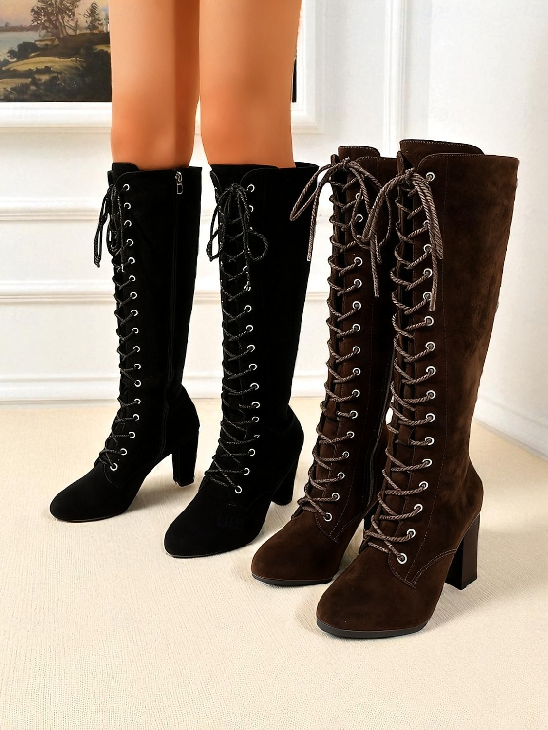 Kniehohe Wildlederstiefel zum Schnüren für Damen, hohe Stiefel im Vintage-Chic-Stil mit Blockabsatz für den Herbst &Winteroutfits, Cosplay und Alltagskleidung 2026 - $54.99 –P1