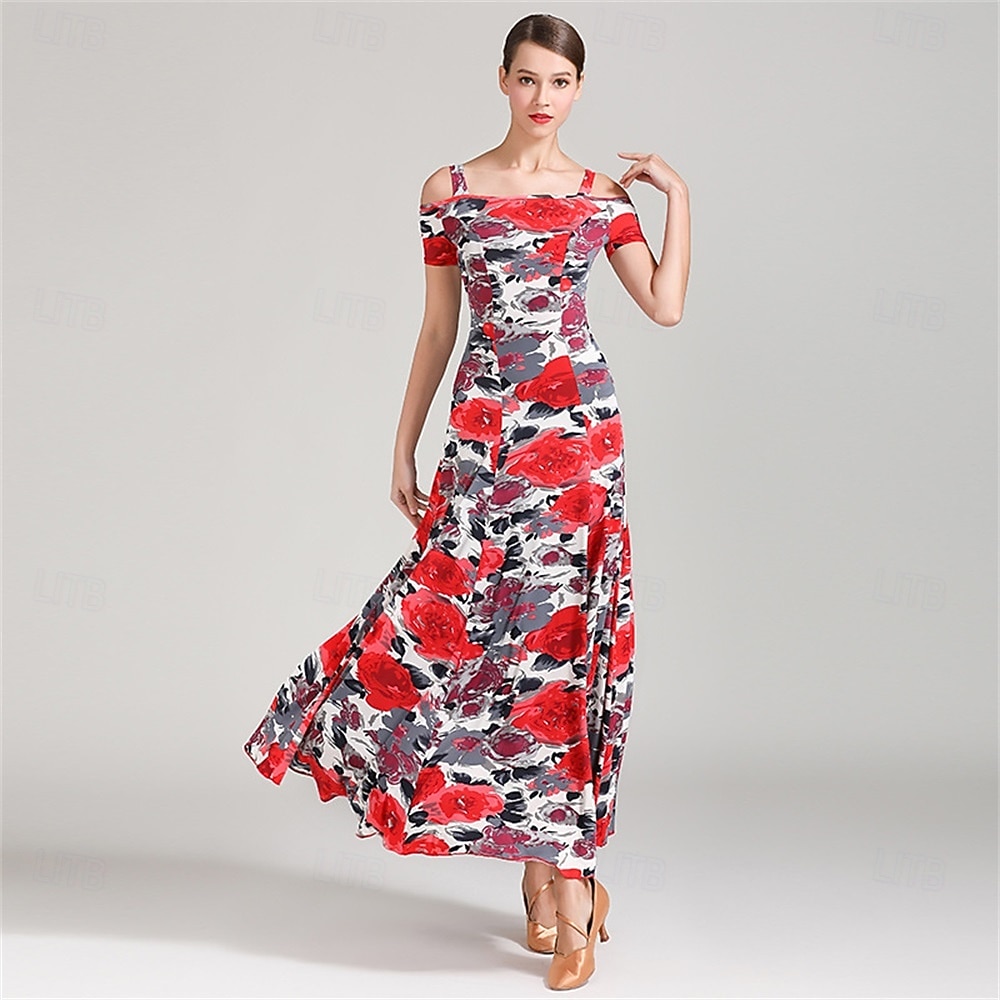 2025年 女性用花柄オフショルダー社交ダンスドレス - 競技会、ラテン