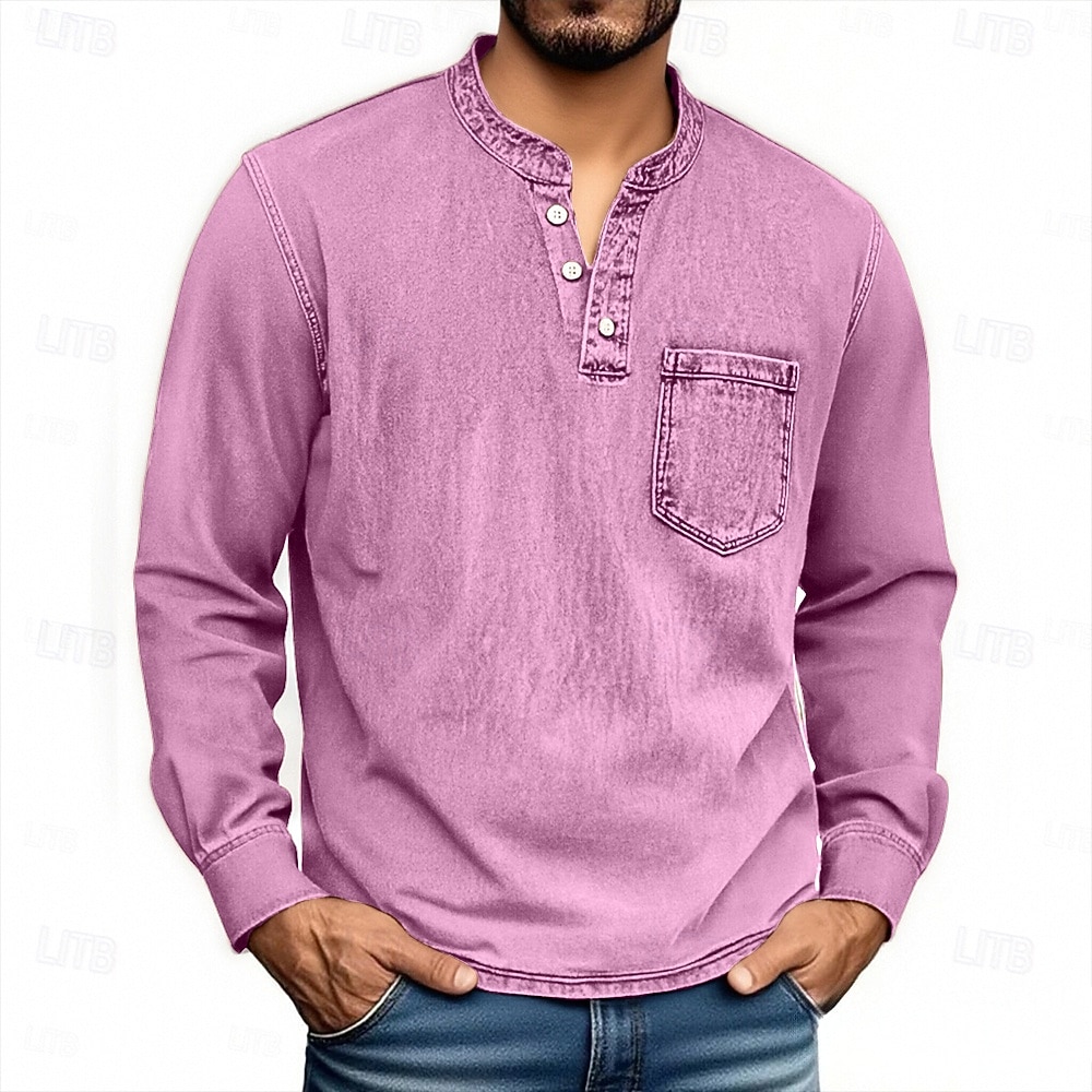 Herren Henley Hemd T-Shirt Langarmshirt Langarm Henley Herbst Winter Retro Mode Designer Nostalgisch Mode Jahrgang Urlaub Straße Ausgehen Schwarz Rosa Marineblau Top T-Shirt für Herren 2025 - $28.99 –P11