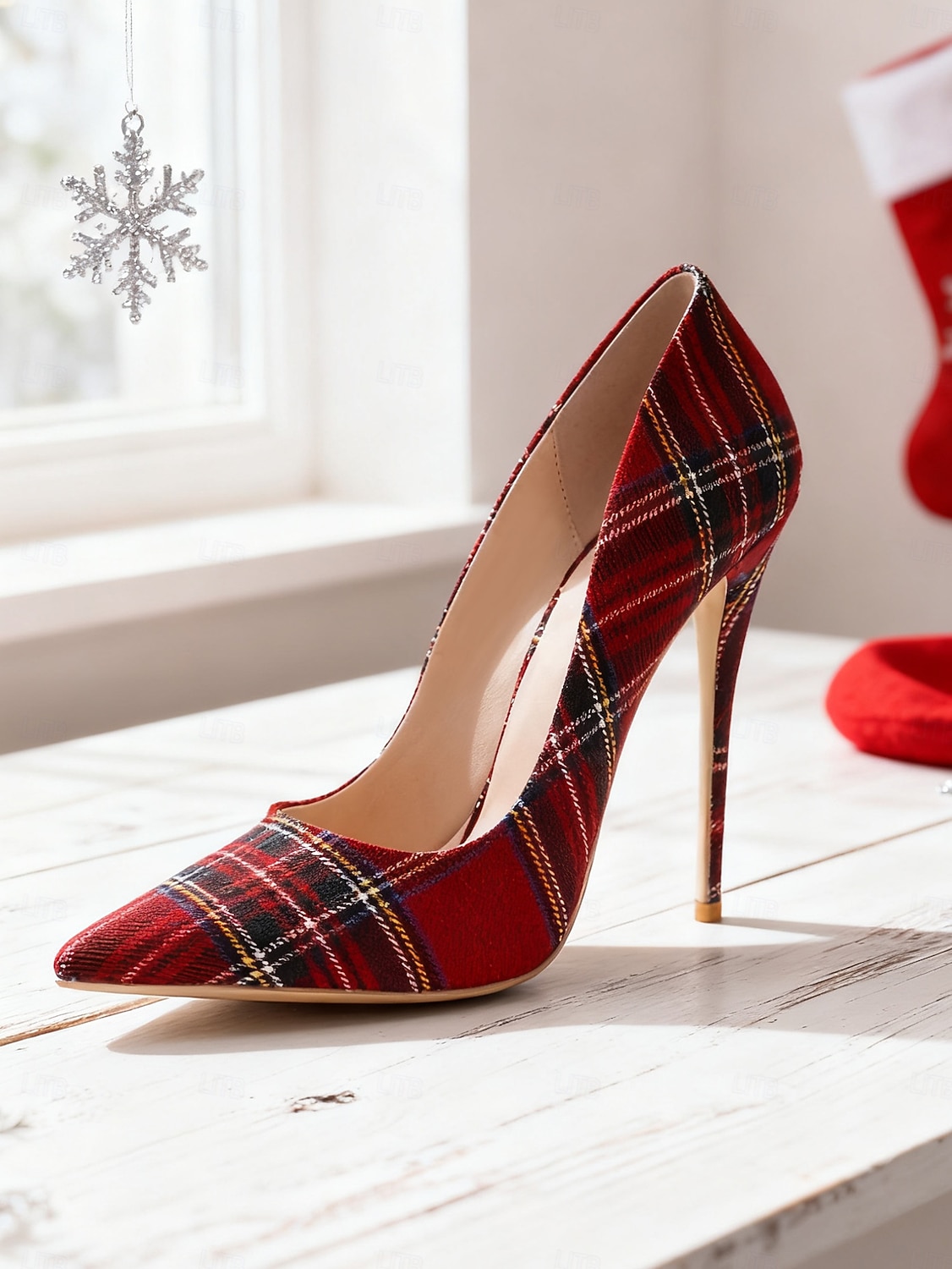 Tacones altos de aguja a cuadros para mujer, zapatos clásicos de punta puntiaguda a cuadros para fiestas navideñas y conjuntos festivos. &celebraciones de invierno 2026 - $79.99 –P5