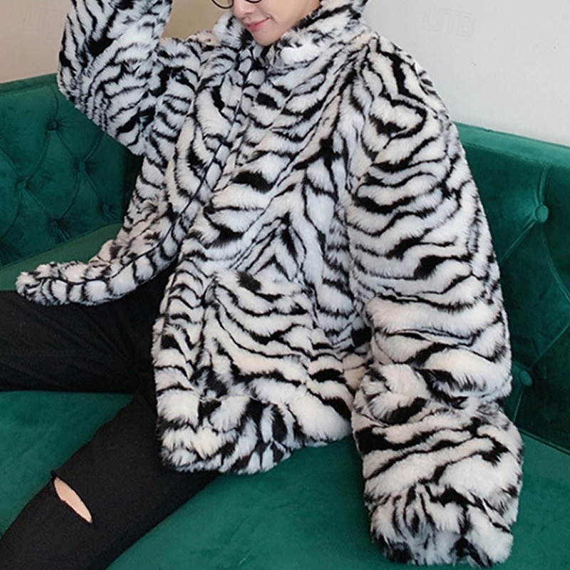 Voor heren Winterjack Jas van imitatiebont Vakantie Dagelijks Thermisch Warm Fleece Herfst Winter Luipaard Modieus Streetwear Opstaand Normaal Wit Geel Jacks 2026 - $80.99 –P8