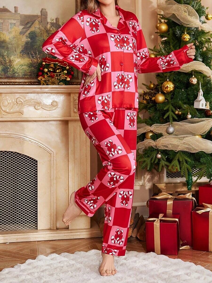 Pyjama Femme Polaire Noël - Imprimé Père Noël Flocons, Manches Longues, Boutonnage, Confortable