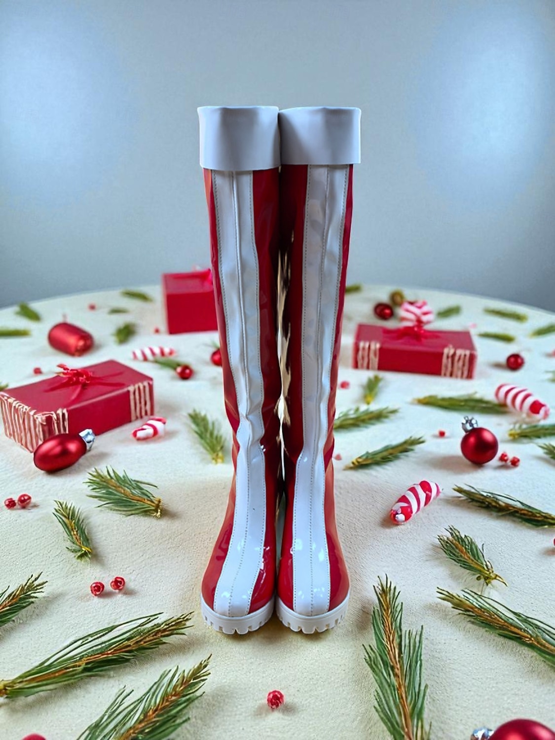 stivali natalizi rossi da donna con rifiniture bianche - stile festivo, perfetti per le feste di Natale e le celebrazioni invernali del 2026 a $84.99 –P2