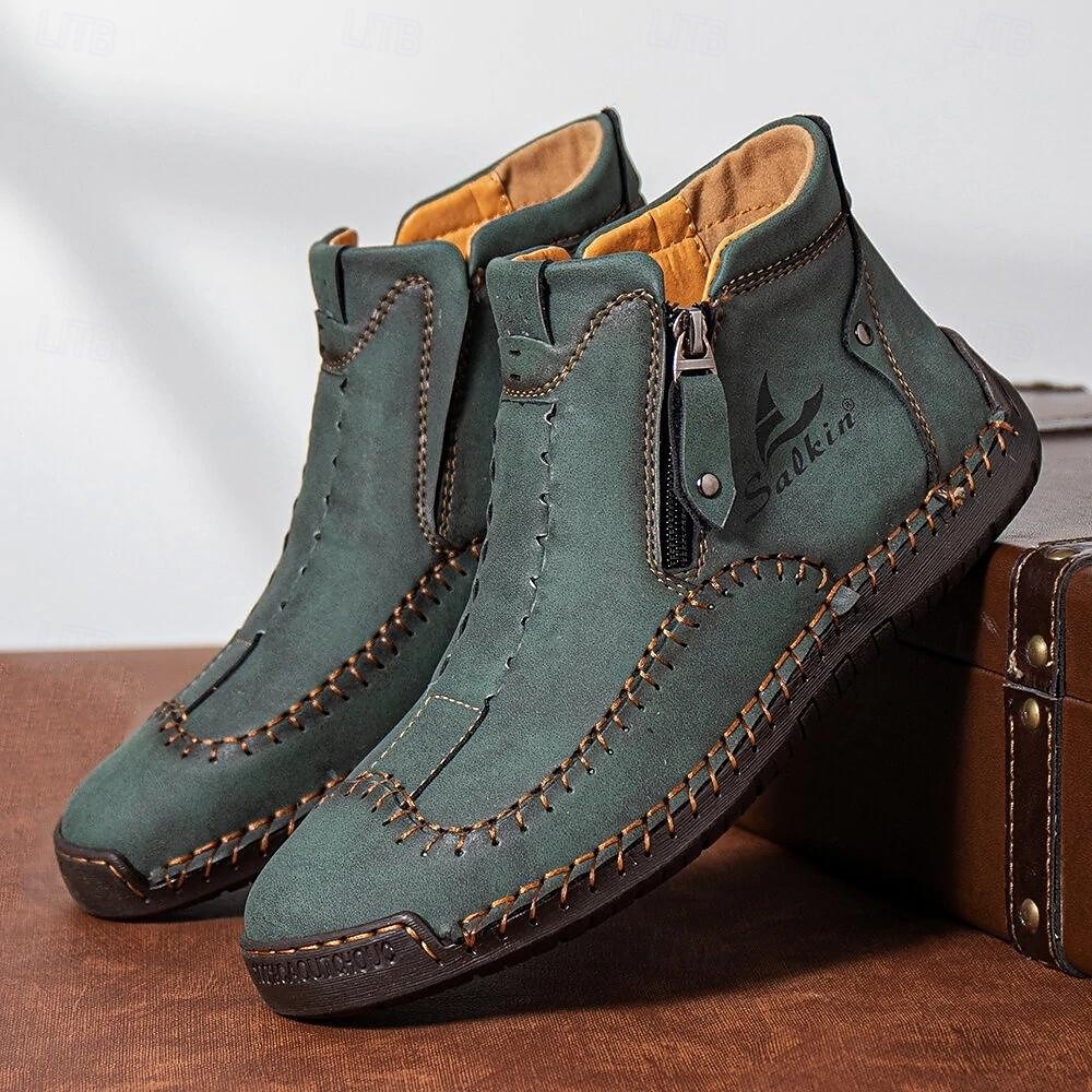 botins casuais masculinos de couro marrom com zíper e design costurado à mão - confortáveis e leves para uso diário e ao ar livre de 2025 por $46.99 –P1