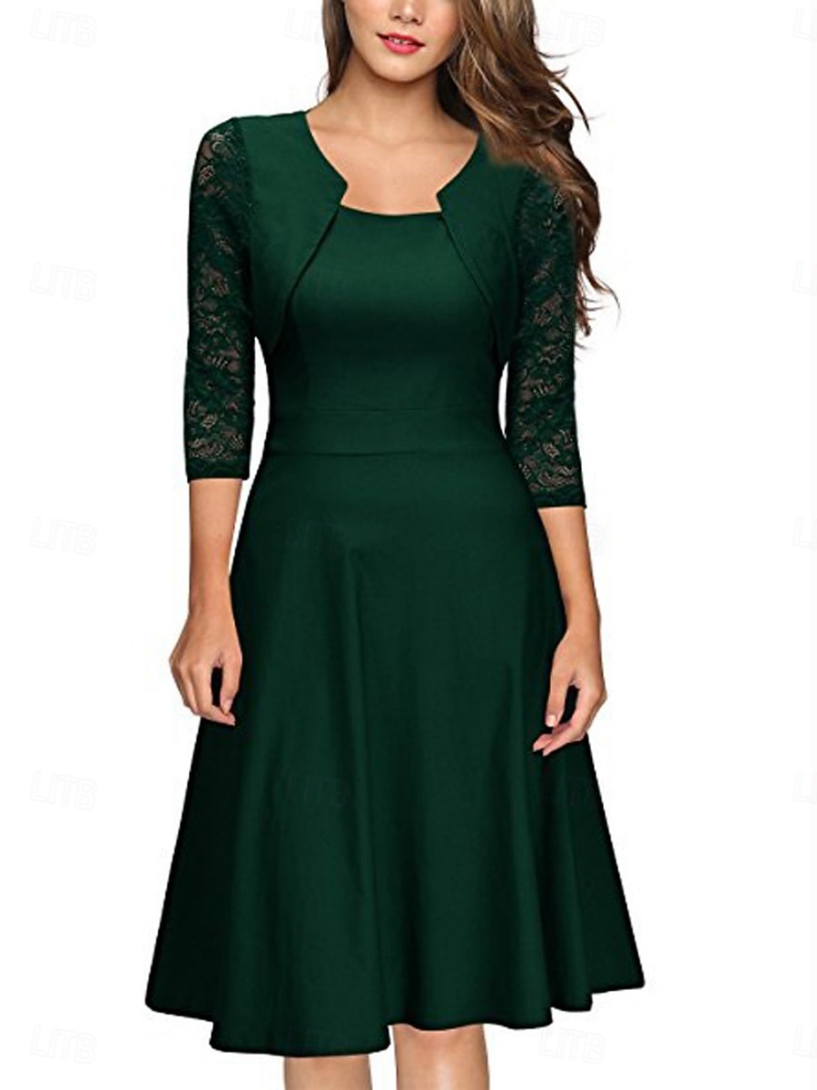 Women's Mini Dress A Line Dress Elegant Party Cocktail Outdoor Party Wedding Lace Patchwork Regular Fit Solid Color 3/4 Length Sleeve Square Neck Pink Wine Red 2026 - BHD 17.02 –P4