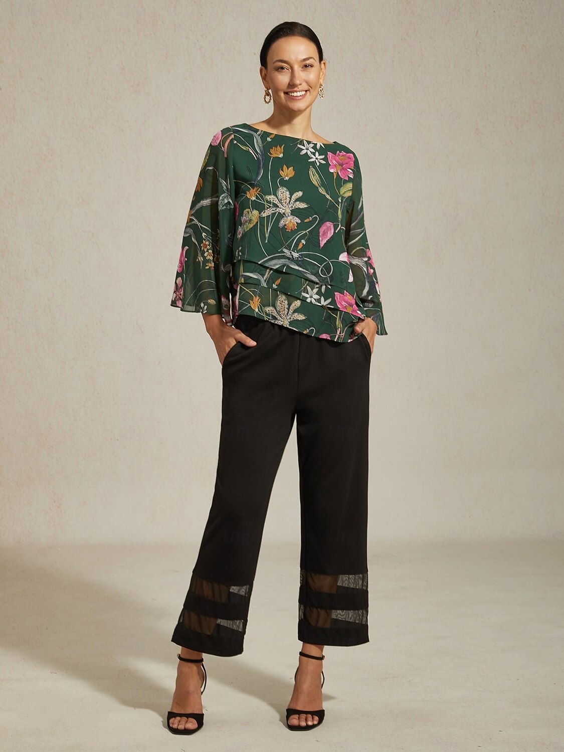 damblus transparent chiffong grön blommig tryck halvärmad rund hals lager-på-lager pullover casual elegant vår sommar höst 2026 - $67.99 –P4