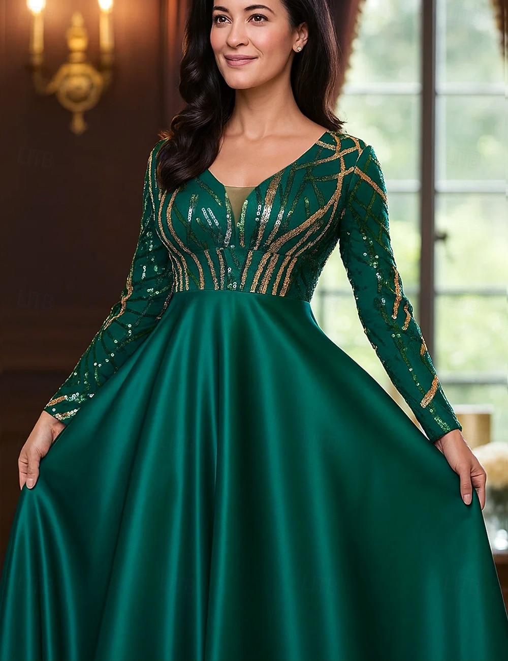 A-Linie Bodenlang Kleid für Hochzeitsgäste Abendkleid Flattriges Kleid Brautmutterkleid Langarm V Ausschnitt Rundausschnitt Elegant Glanz & Glamour Formell Formeller Abend Hochzeitsfeier Tüll mit 2026 - $91.99 –P3