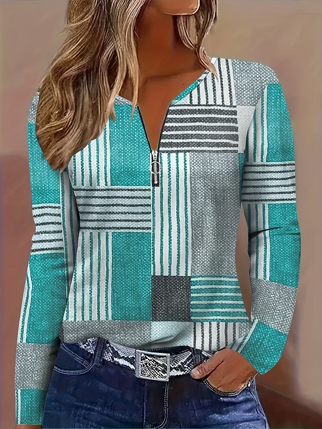 Γυναικεία Μπλουζάκι Φερμουάρ Στάμπα Γραφική Γεωμετρικό Βίντατζ Μοντέρνα Στυλάτο Μακρυμάνικο Στρογγυλή Ψηλή Λαιμόκοψη Κανονικά μπλουζάκια Καθημερινά Πράσινο του τριφυλλιού Γκρίζο 2026 - $25.99 –P4