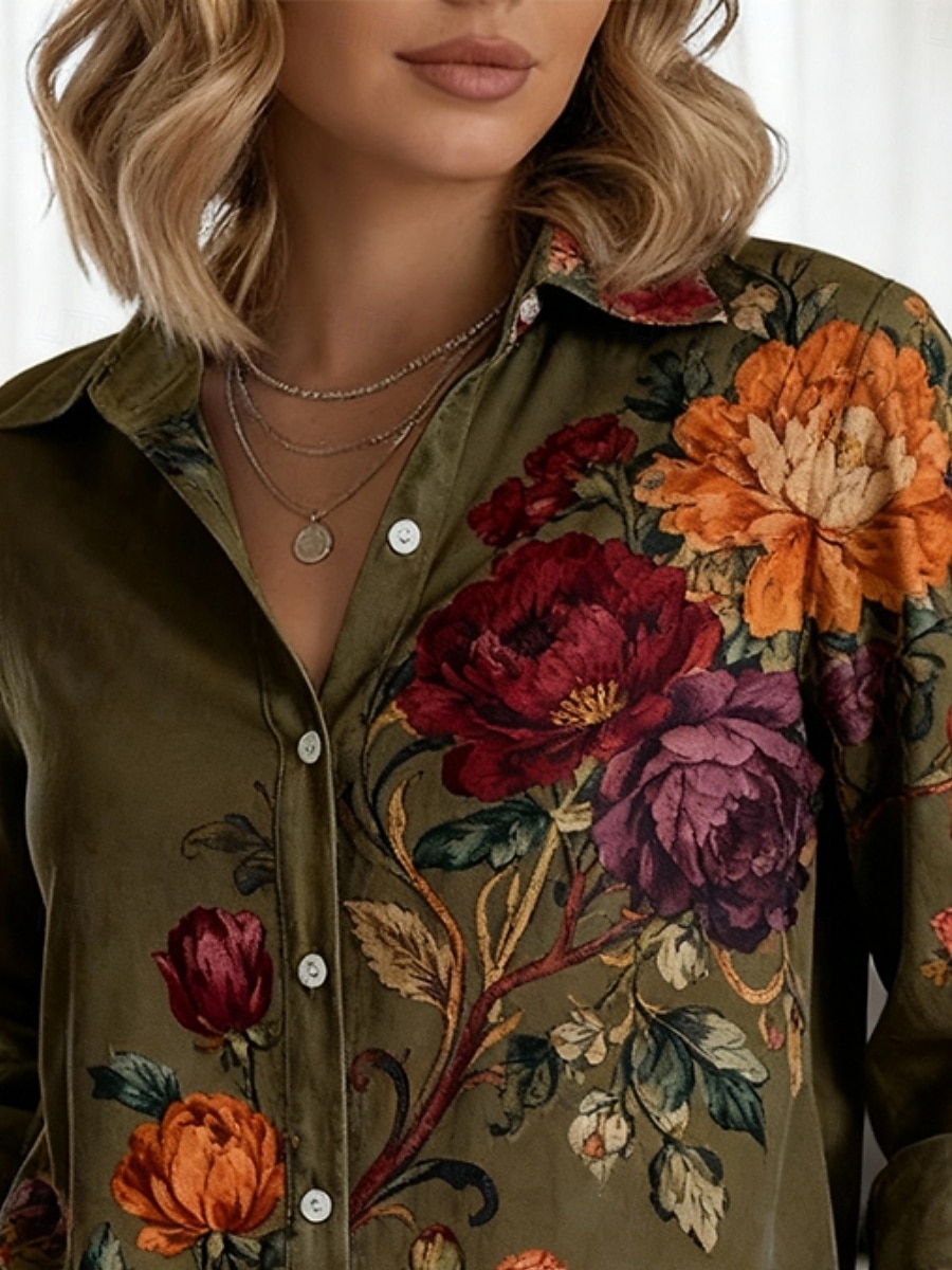 Femmes Chemise Boutons Imprimé Fleuri Élégant Occasionnel manche longue Col de chemise Hauts Réguliers Quotidien Travail Fête Vin bleu marine Vert Printemps Automne de 2026 ? $38.99 –P2