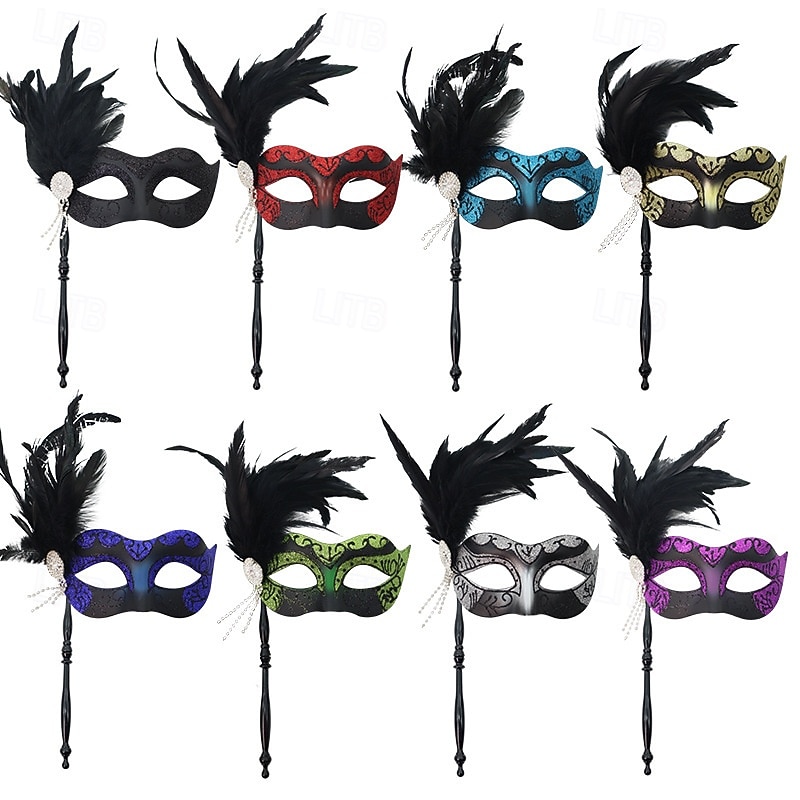 Håndholdt maskerademaske med grønn fjær for kvinner, strass og perledetaljer til julefest og Great Gatsby-ball &karneval 2026 - $14.99 –P4